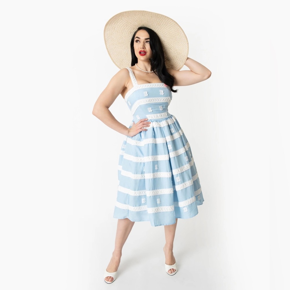 Unique Vintage x Barbie Blue and White Suburban Shopper Sundress - Size - L
